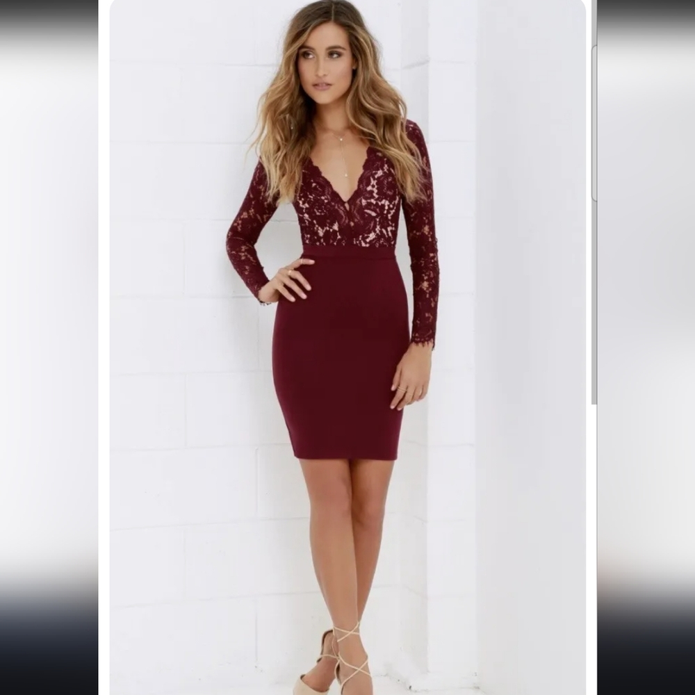 Lulu's Burgundy Lace Long-Sleeve Bodycon Dress